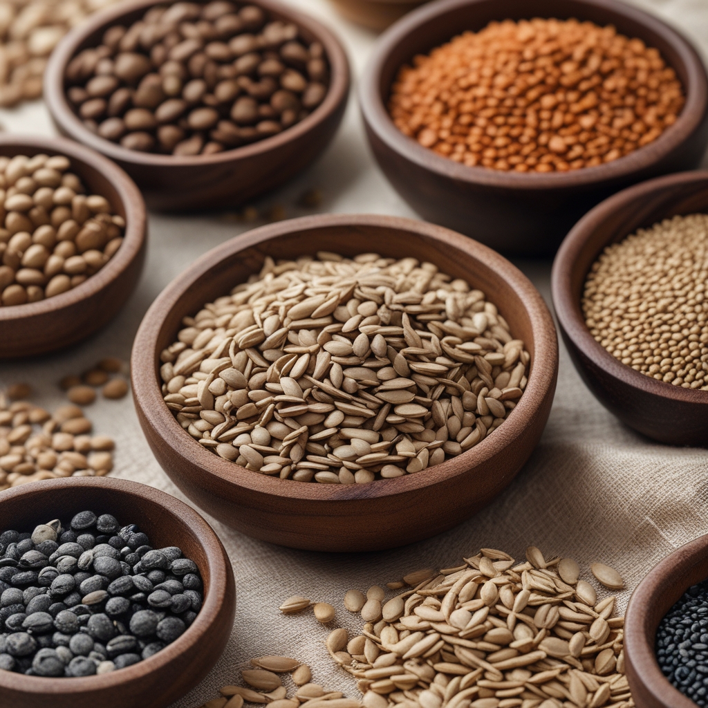 Close-up of various dried legumes, lentils and seeds arranged in small wooden bowls on a textured linen surface, showing natural earth tones and textures