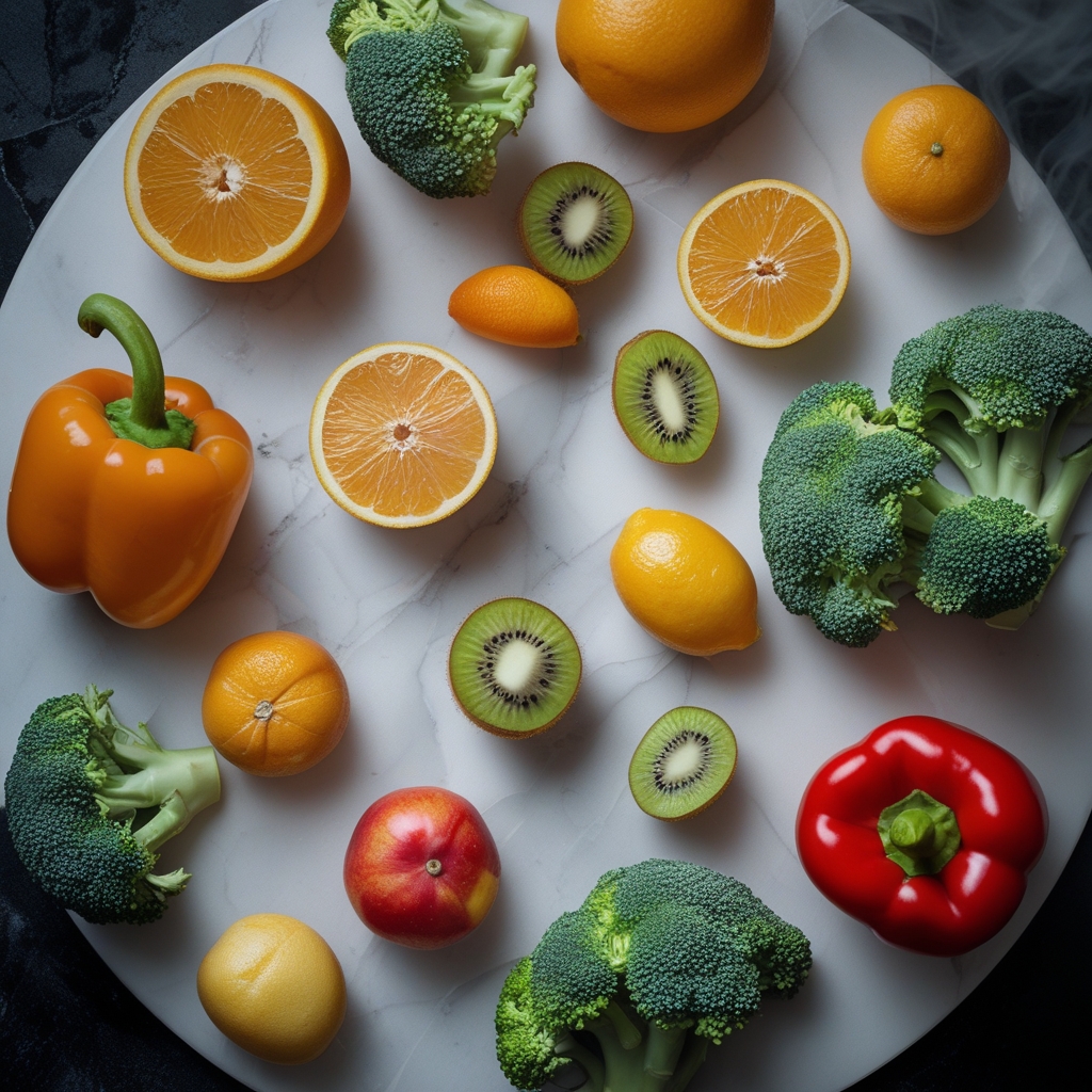 Assortment of whole fresh citrus fruits, kiwi, broccoli and bell peppers arranged on a white marble surface, representing natural vitamin-rich foods