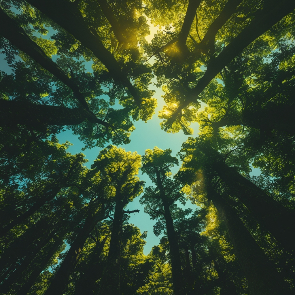 Dense green forest canopy viewed from below with sunlight filtering through ancient tree branches and leaves, creating a natural cathedral effect